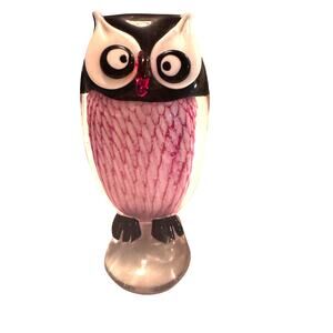 Hand Blown Glass Owl Figurine Pink Black Art Glass Sculpture 8 Inch